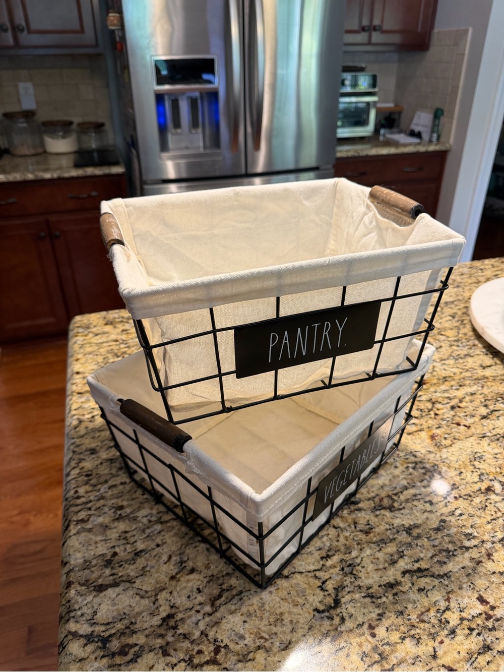 Rae Dunn Cream Fabric Lined Wire Storage Baskets - Pantry & Vegetables - Picture 3 of 7
